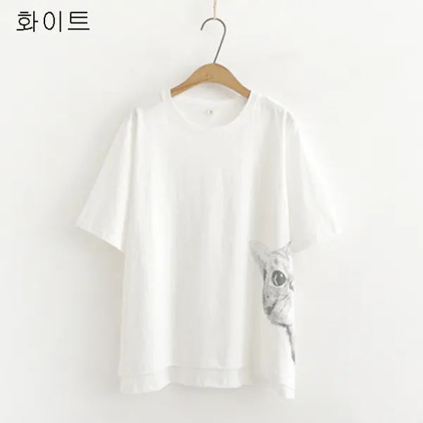 이우미 여성 봄 여름 고양이 프린트 캐주얼 학생 이너셔츠 러블리 라운드넥 티셔츠RW078