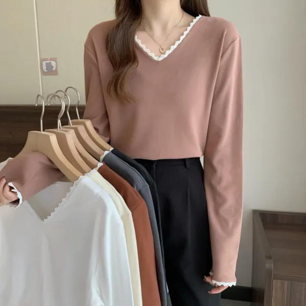 상의 소곤소곤 집안을 중얼거리다 빅사이즈 여성의류 두터운 융털 러플 브이넥 이너티셔츠 이너웨어 솔리드 3647615297