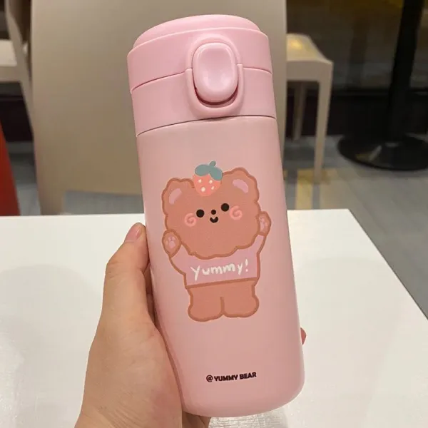 원터치 캡 여성 애니메이션 큐트 소녀마음 물병 작고깜찍 휴대 학생 독창적 물컵, 핑크 거수곰 300ml （ch-201
