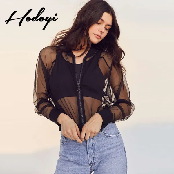 여름 솔리드 섹시 시스루 집업 긴팔 망사 여 숏 얇은 탑