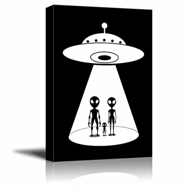 Wall26 캔버스 벽 예술 - UFO 차량에서 내림차순 외계인 가족 - Giclee 프린트 갤러리 랩 흑백 어린이 아이들의 방 벽 장식 (32