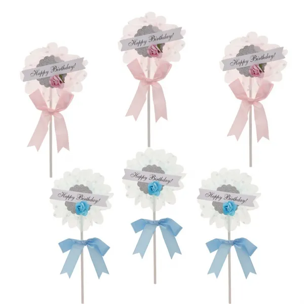 FWT6pcs 얇은 명주 그물 꽃 생일 축하연 토퍼 bowknot 장식 파티 공급 업체