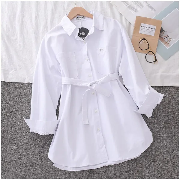 데일리 플로 칼라 롱 화이트 셔츠 아임심플