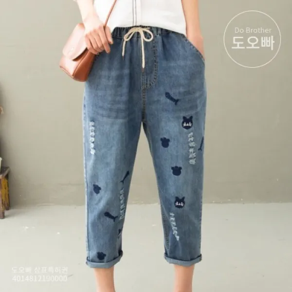 도오빠 여성 청바지 밴딩 7부 데님 팬츠 여자청바지 빅사이즈 배기바지 봄 20대 30대 패션 데일리 캐주얼 미시 빅사이즈청바지 밴딩바지