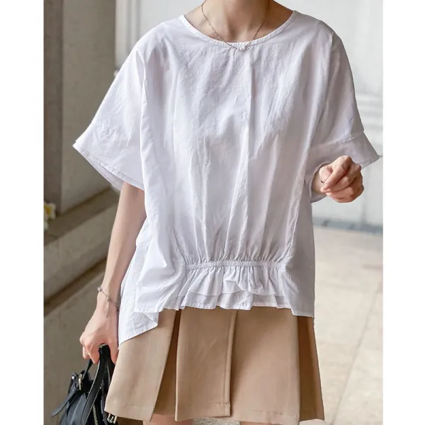 세컨잡 ULZZANG 라운드넥 풀오버 소매 주름을 잡다 밴딩 보텀 앞이 짧고 뒤가 길다 와이드 루즈핏 1088