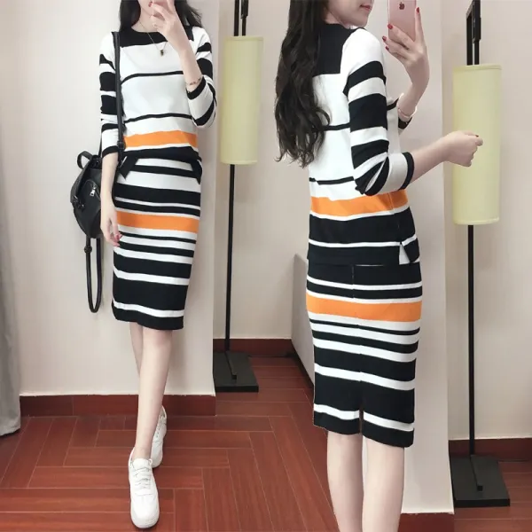 패션이루 스트라이프 슬림핏 롱 스커트 세트 여름 긴팔 티 니트