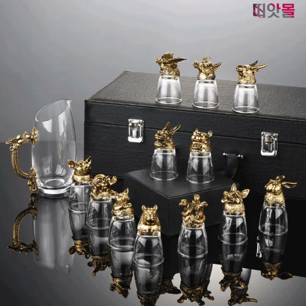 장인어른생신선물 12지신술잔 소주한병잔 큰 왕 옛날 중국 빼갈 고량주잔 다이소 처음처럼, 일반포장, 금색