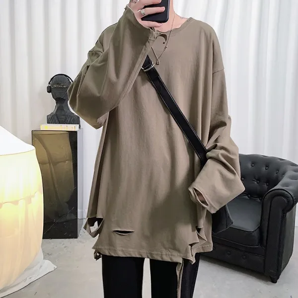 정 길 하절기 커플룩 학생당 봄 신어 밑자락 칼 베기 거지 바탕에 색칠하기 티셔츠, 다크 카키 패브릭 색