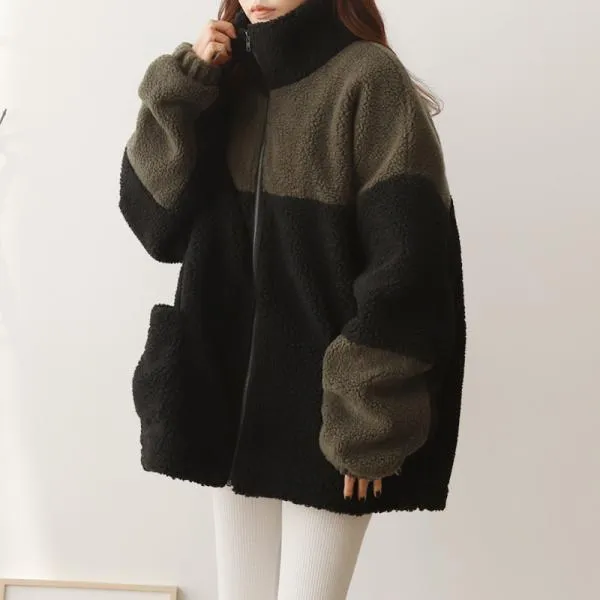 할인존Wx23H23 투톤 뽀글이 집업 1044503 OUTER 모직 울자켓 블랙 Black 아이보리 Ivory 캐주얼