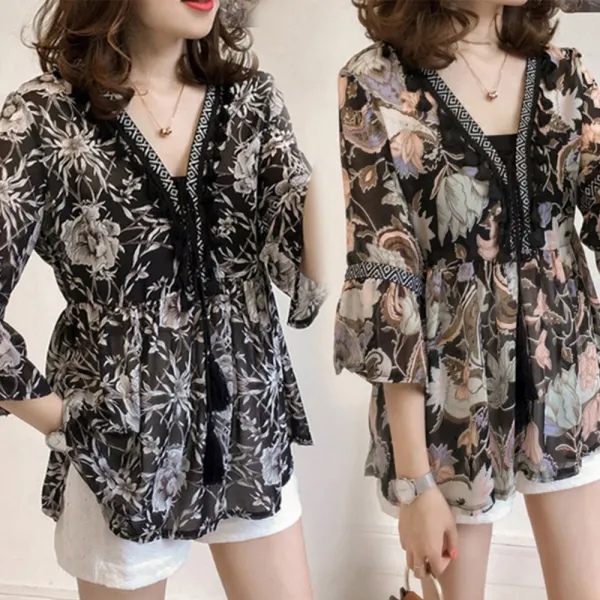 아이엠몽 여성 루즈핏 브이넥 쉬폰 블라우스 빅사이즈 패턴 데일리룩 포포티
