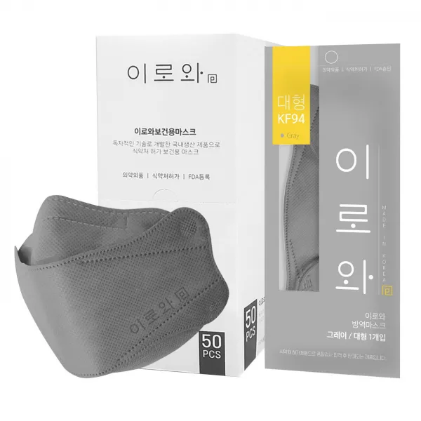 이로와 마스크 KF94 대형, 그레이, 50매입, 1개, 국내생산, 의약외품, 개별포장, 50매입, 1개, 그레이
