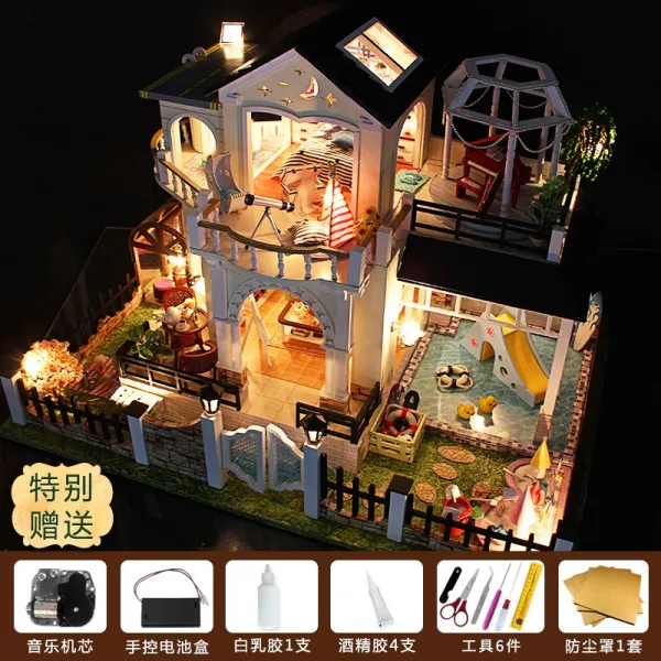 오르골 포함 미니 하우스 소녀 나무 수제 졸업 DIY 음악 상자 음악 상자 하늘 도시 소녀 생일 선물 소녀 공주, 보름달 + 먼지 덮개를 보내십시오