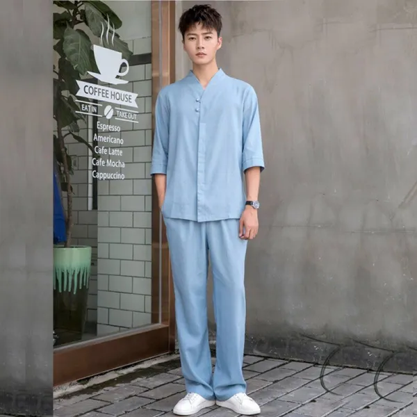 다담컴퍼니 린넨세트 미용실트리트먼트 SPA 양생 작업복 여성 회소 중국식 면린넨 중의학 의사다 물리치료관 발마사지 가게, XXL 남자타입 라이트블루 색깔