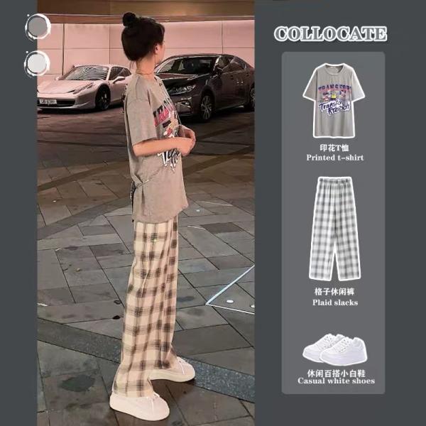 빵심해외직구 키가 바지 계 눈길을 끄는 여름 코디 키커 보이는 캐릭터티 체크 와이드 슬랙스 팬츠