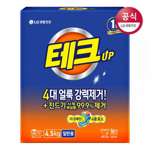 [신세계TV쇼핑]LG생활건강 테크 분말세제 일반 카톤 4.5kg x1개, 1