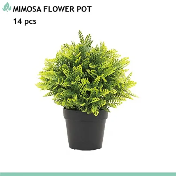 인공 미니 바지 냄비 그 다음 가짜 가짜 Buxus Boxwood Plant Home 실내 옥외 장식 14 팩 14 Mimosa Flower 14 Mimosa Flower