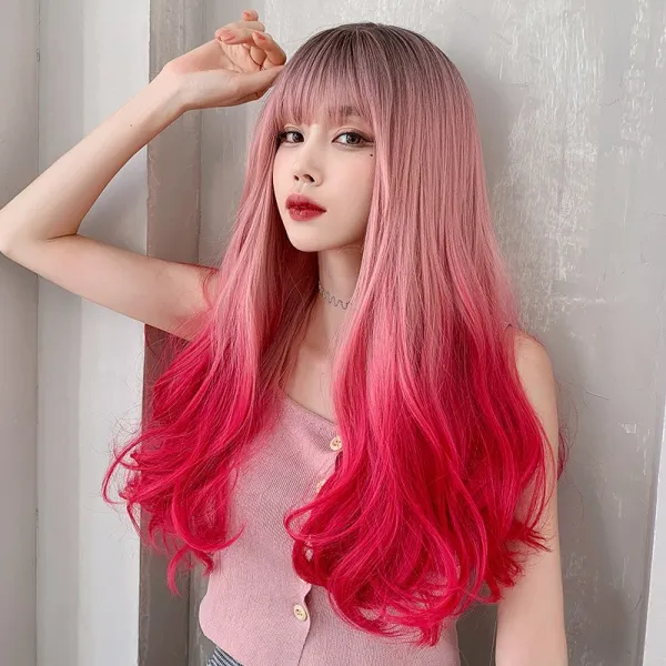 구미 팝 가발 여성 롱 헤어네트 레드 점차적 커지다 웨이브 헤어스타일 핑크 풀 세트 리얼 헤어 세트