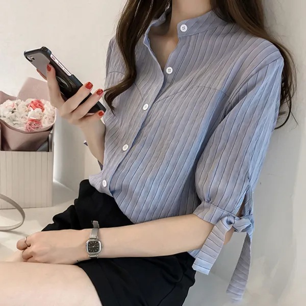  제로의옷장 스트라이프 소매리본 블라우스 Bc0730l01