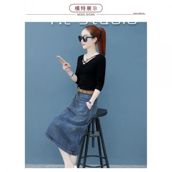 Qinke A자형 깔끔한 호주머니 데님스커트 Qinke QKX8031