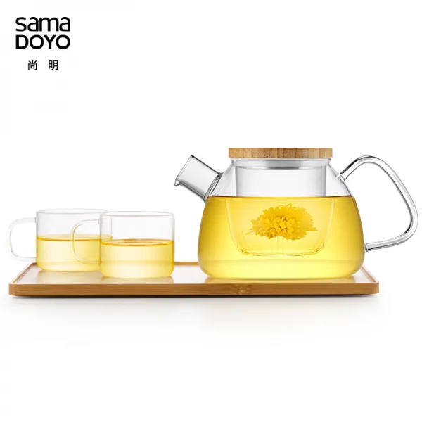 상명 (sama doyo) 대 용량 유리화 차 주전자 두께 내 열 내 고온 여과 차 다 구 는 약 한 불 에서 900 ml 내 담 여과 + 차반 + 작은 컵 2 개 를 가열 할 수 있다.