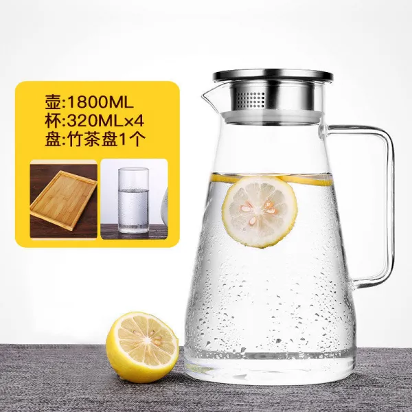 냉동 주전자 냉수 컵 냉 백 켜다 유리컵 내열 고온 녹차 폭파 방지 차 주전자 가정용 주전자 1800 ml 두 꺼 운 것 + 컵 4 개 + 차반