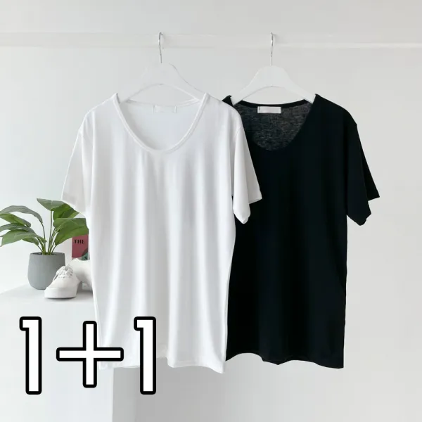 더보느 여성용 부드러운 찰랑 레이온 무지 유넥 반팔티 1+1