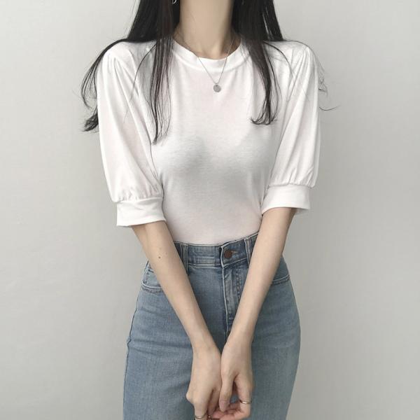 리리의감각 [1+1할인] 여성 퍼프 소매 셔링 코튼 라운드 무지 반팔 티셔츠
