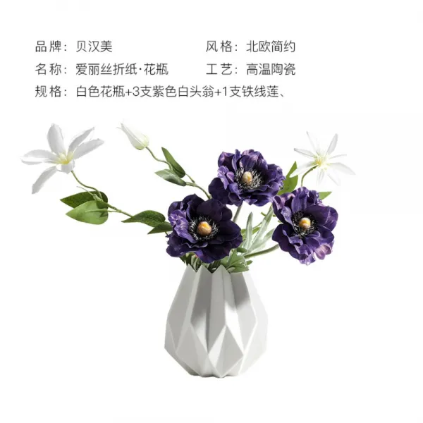 주름 스타일 세라믹 꽃병 화병 장식품 거실 인테리어 BEIHANMEI, 흰색 꽃병 + 보라색 할미꽃 3 개