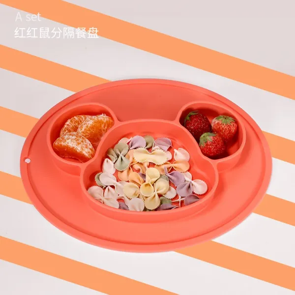 유아용 실리콘 접시 패드 식기 세트 동물 모양 교정용 실리콘 젓가락 포크 숟가락 깨지지 않는, (푸 랏 청샹) 실리콘 디너 플레이트 레드