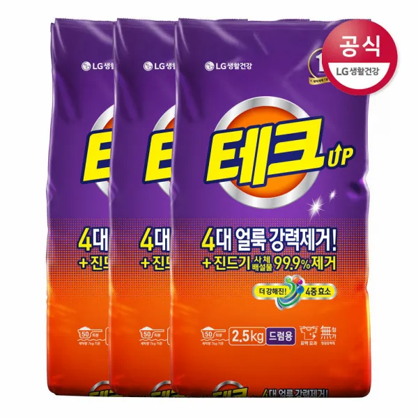 [신세계TV쇼핑]LG생활건강 테크 분말세제 드럼 리필 2.5kg x3개, 1