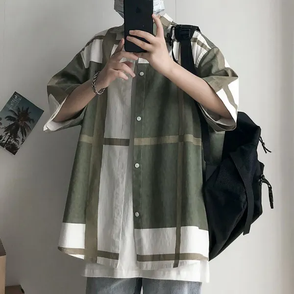 Jun.25 100번 체크 반팔 셔츠 남자 여름 얇은 건달 셔츠 ins 트렌드 칠부 항풍의 날 시즌야상 점퍼Z