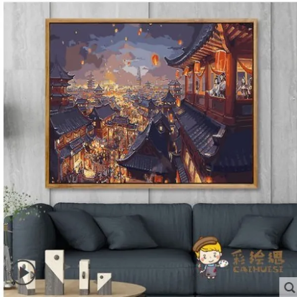 더아이 디지털 유화그림 DIY 색칠함 핸드메이드 그림을그리다 메우다 저장 채색 쿠션 스트릿 거실인테리어, 772-번화함등초저녁컬러하드커버스케치북_2커버높고