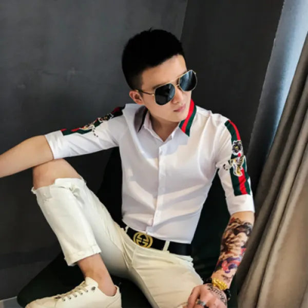 남성 셔츠 클럽룩 솔리드 프린팅 남방 청년야점 건달남방 남칠부 소매트렌드 슬림핏 사회소개 캐릭터 프린트 셔츠 중소매 여름, 01 블랙