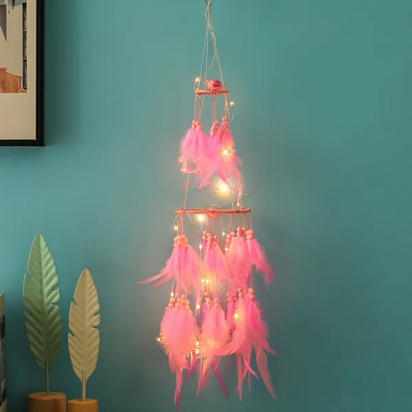 드림캐쳐 드림캐처 깃털 풍경 걸이식장식 가구 실내 인테리어 거는장식 창의적 공중 장식품 등장식 선물 T07 11cm이중 핑크 등잔 타입 핑크색 선물케이스