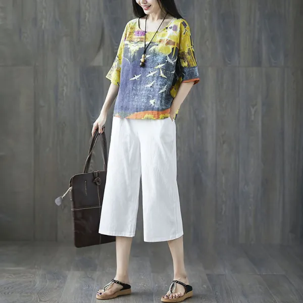 여성투피스세트 여성투피스세트 캐주얼린넨세트 라운드티셔츠+린넨바지 데일리룩세트 루즈핏빅사이즈d12
