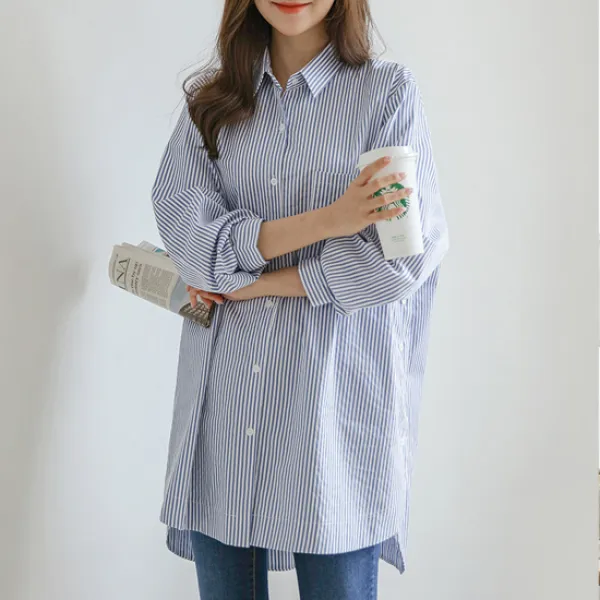 캣츠로맨스 오하드 오픈단추 롱 잔줄셔츠