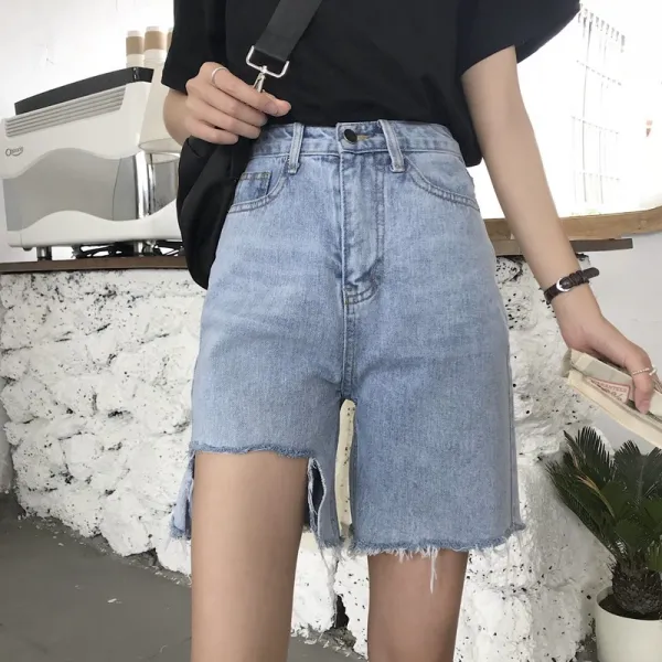 여름 새아버지 바지 여 5부 와이드 와잇모어 현아 다리 쭉 통 하이 웨이스트 팬츠