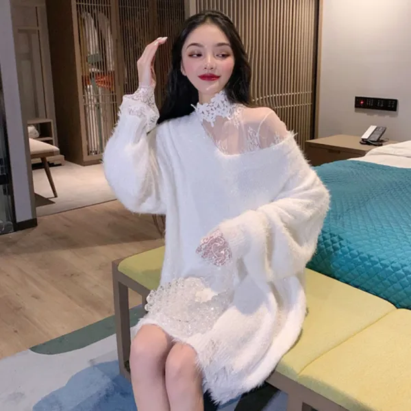 여성 코디세트 롱 스웨터 시스루 블라우스 여친룩