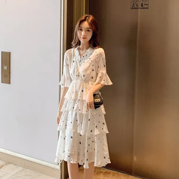 패션이루 러플 브이넥 캉캉 쉬폰 원피스 롱 캐주얼 여름 여성