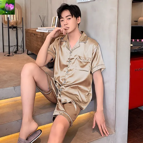  미인전매 도매 남성 잠옷 여름 아이스 실크 얇은 반팔 네트 레드 틱톡 터지다 실크 라지 홈웨어 세트 샴페인