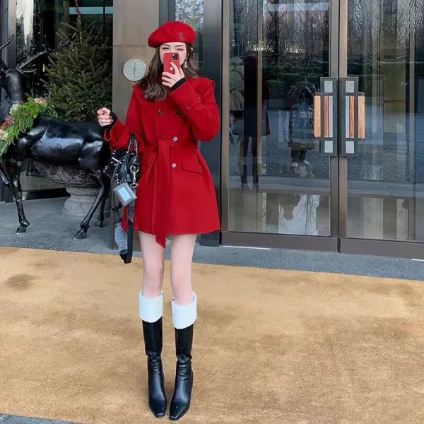판다팡 하프반코트 소프트스타일 양면 캐시미어 새해 레드 여성 약혼하고 귀가하다 하프기장 모직코트