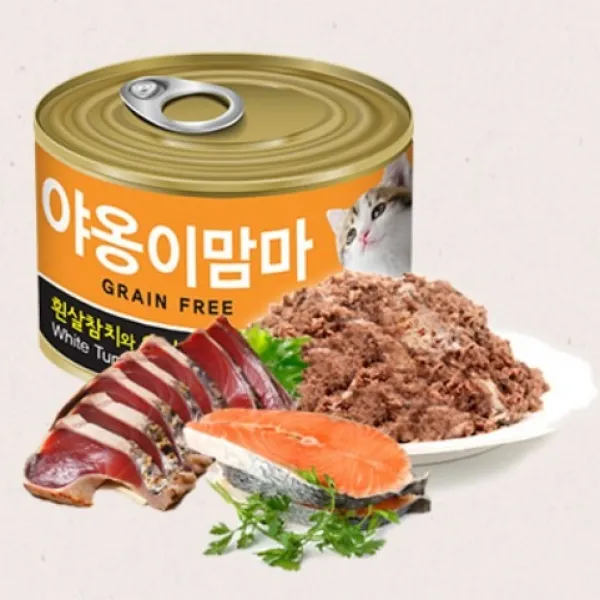[더댕댕] 야옹이맘마 고양이습식캔 160g 그레인프리 국내산 고양이 영양 습식캔 3가지맛 캔, 1개, 흰살참치와연어
