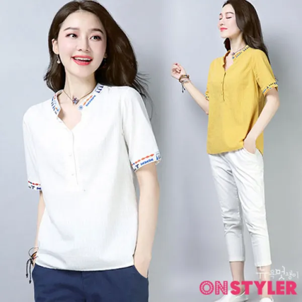 온스타일러 뉴욕멋쟁이 넥 소매 포인트 린넨블라우스 _3컬러