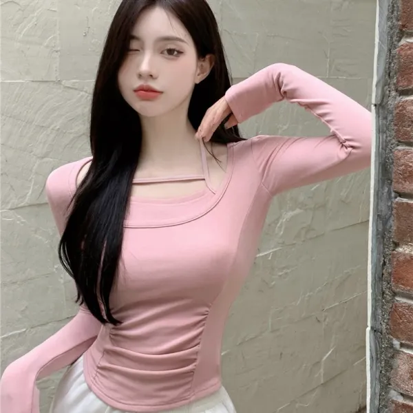 니트 순욕풍 겨울 가을 페이크투피스 슬림 펀칭 오프숄더 어깨트임 쇄골 노출 이너웨어 트렌드 여성 상의 3874262702