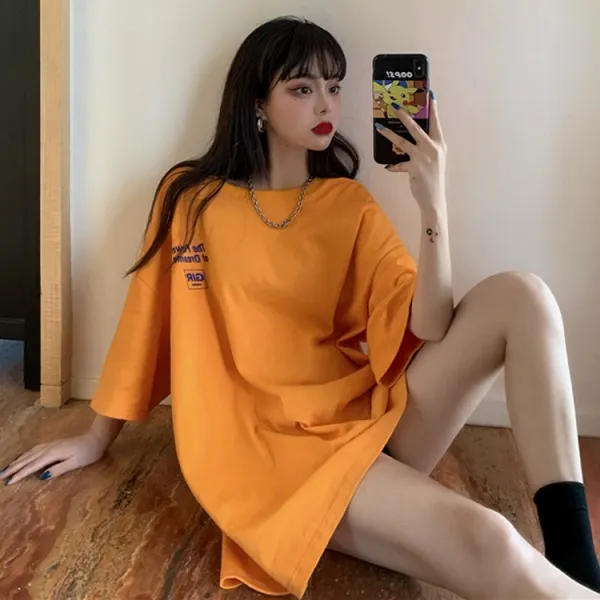 여성 레터링 반팔 티셔츠 유럽 ​​잡화 대형 여름 옷 누락 문자 오렌지