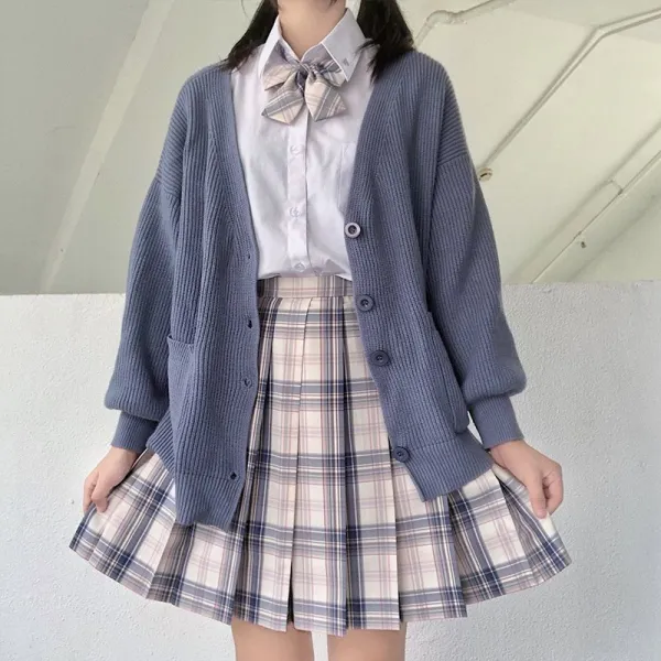 리디하우스 Lydie House 유니폼가디건 극본 오리지널제작 아침 햇살 블루 칸 웜톤 체크 플리츠스커트 롱 떨어진다
