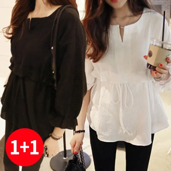 주디앤 여성 봄 여름 글로라 쉬폰 밴딩 7부 블라우스 1+1 리빙공감
