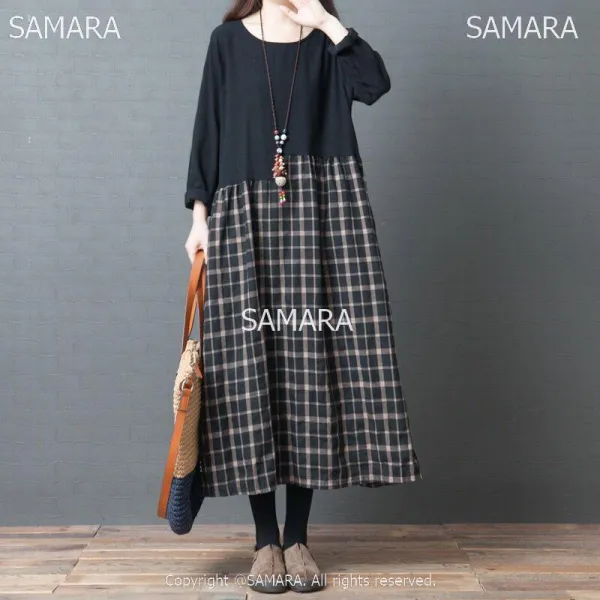 Qterra 특허브랜드 가을신상 원피스 빅사이즈 루즈핏 체크 이음 롱원피스