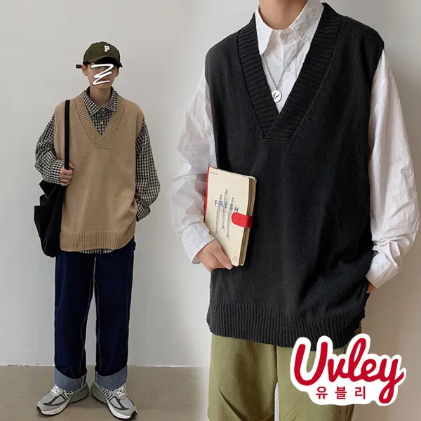 유블리 남성 니트 베스트 조끼 오버핏 루즈핏 아메카지룩 데일리룩(UV216215WD) 홍대보이