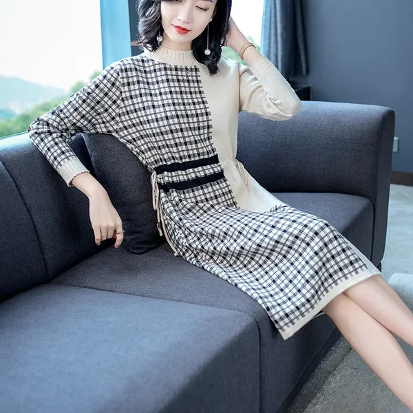 웨일테일 매드홍 여성 모직 니트 패션 체크무늬 원피스